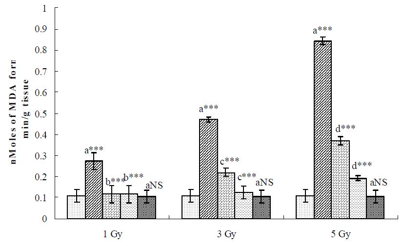 Fig. 35. Effect of hesperidin treatment on the status of lipid peroxidation in the liver tissue of rats exposed to various doses of γ-irradiation