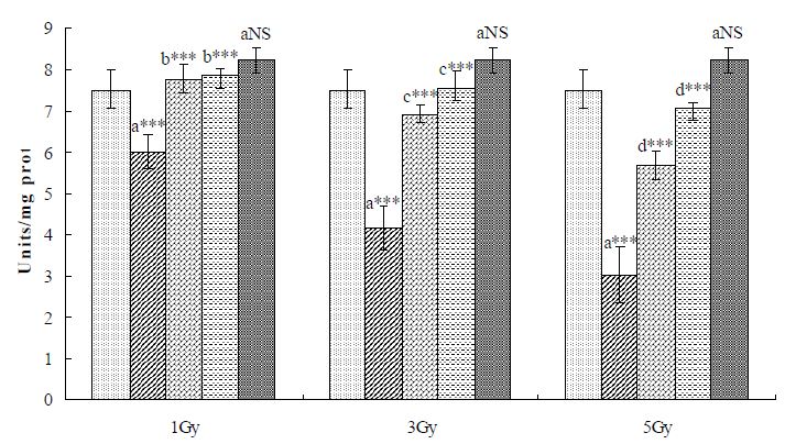 Fig. 36. Effect of hesperidin treatment on the activity of superoxide dismutase (SOD) in the liver tissue of rats exposed to various doses of γ-irradiation