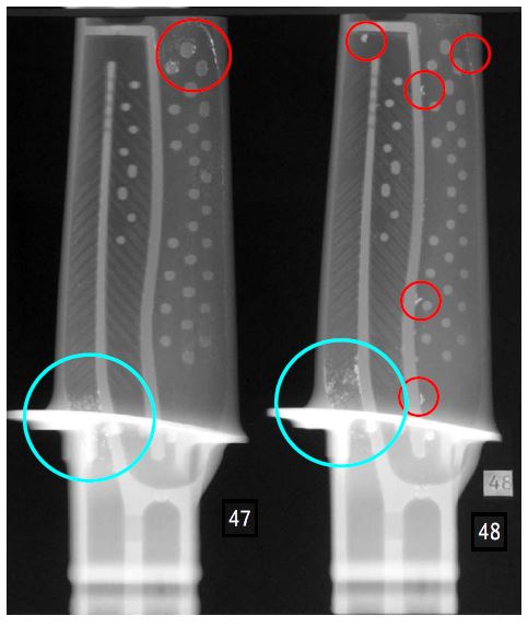 Fig 3.6-5. NR Image: Used 2nd stage turbine blades from B were observed foreign materials and hot corrosion in cooling hole blue: corrosion, red: foreign materilas