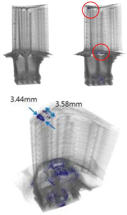 Fig 3.6-6. NR Tomography Image: (Left) New part: 1-NA1, (Right) Used 2nd stage turbine blades from A were observed foreign materials and corrosion in cooling hole, (Below) tomography image for measuring length and width of indication