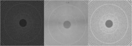 그림 3.7-19. Gd(Gadolinium) pattern device의 중성자 영상 상용 Gd2O2S(Tb)섬광체(왼쪽)과 제작된 Gd2O2S(Tb)섬광체(가운데) 그리고 6LiF-ZnS(Ag)섬광체 스크린(오른쪽)