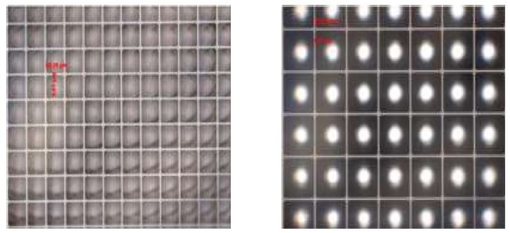 그림 3.1-10. 실리콘 셀 구조물의 픽셀 크기 55μm pattern(좌) 95μm pattern(우)