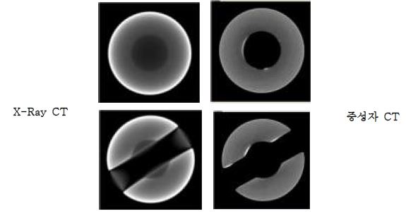 그림 3.2-18. Landing gear pinA(2000시간 사용) X-ray 3D 영상(beam hardening 발생으로 contrast가 낮고 beam artifact 발생)과 중성자 3D 영상(Contrast 높음, 부식 결함 발견) 비교