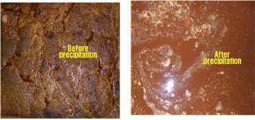 Pictures before and after precipitation of leaching waste-solution