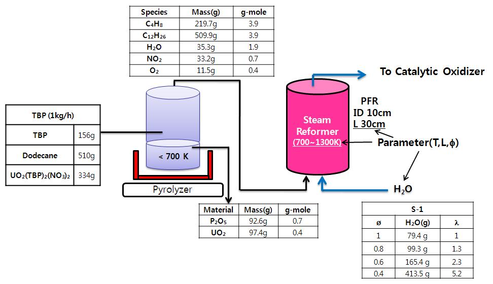 Parametric study of steam reformer for gaseous mixtures from the pyrolysis of waste TBP solution