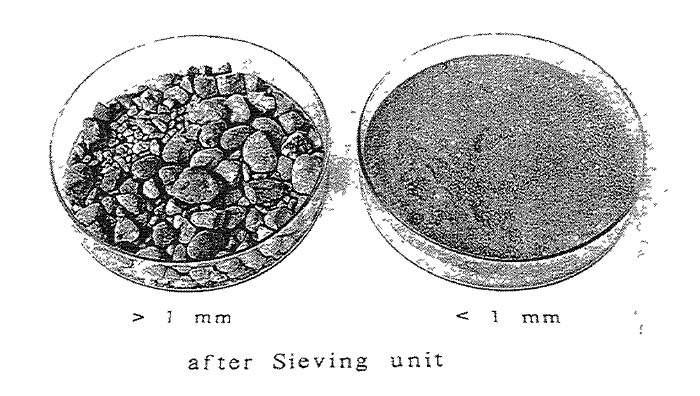 Separated gravel and contaminated fine powder.