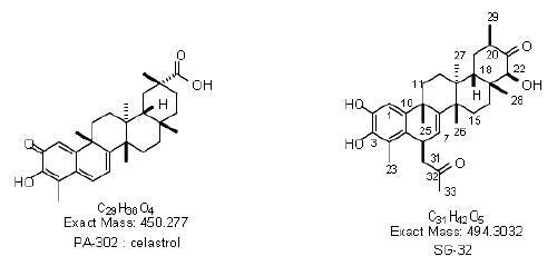 Celastrol 과 SG-32 의 화학 구조. 분리한 두 물질은 NMR 과정을 거쳐 화학식 및 구조를 결정함.