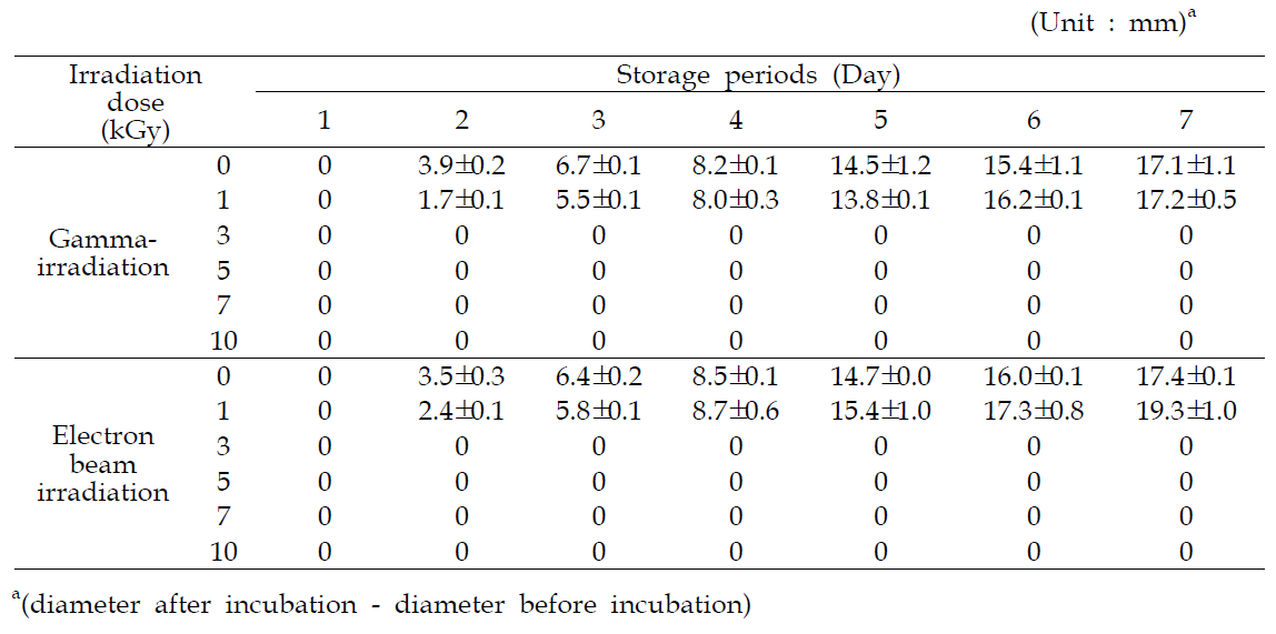Influence of both irradiation on the ochratoxigenic fungal growth (colony size)