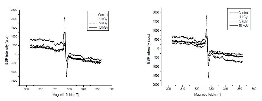 Typical ESR spectra of irradiated corn at different doses using different radiation sources (left; γ-ray, righ; e-beam).