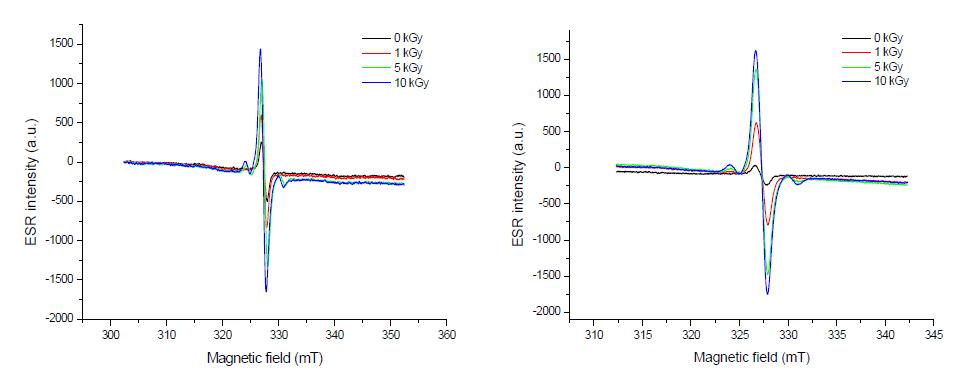 Typical ESR spectra of irradiated black soybean at different radiation sources (right: gamma-ray, left: electron beam).