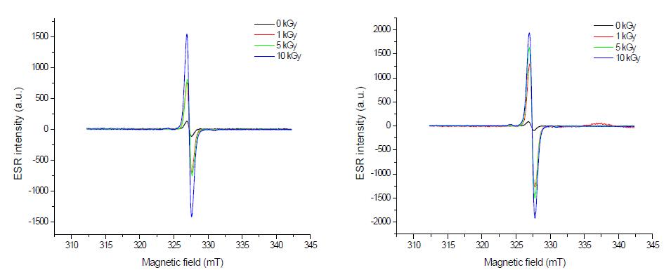 Typical ESR spectra of irradiated kidney bean at different radiation sources (right: gamma-ray, left: electron beam).