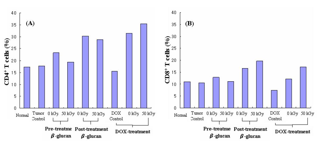 The population of CD4+ (A) and CD8+ (B) T cell determined by flow cytometry analysis of spleen cells in tumor bearing mouse.