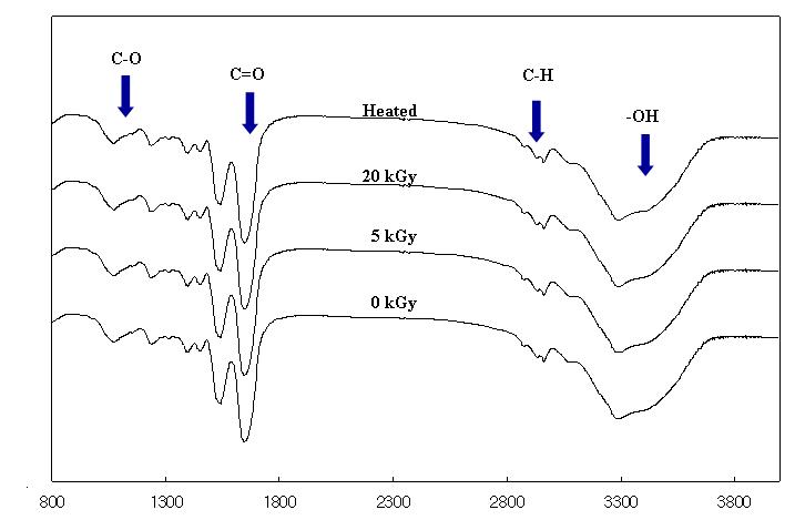 FT-IR spectra of lectin irradiated at various dose and heated.
