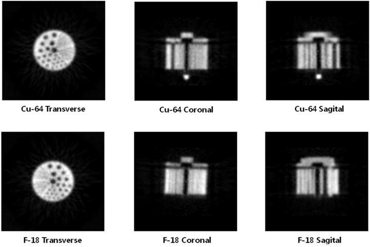 그림 56. microPET에서 64Cu와 18F의 phantom 영상