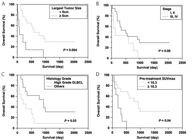 그림 78. 종양의 크기 (A), 병기 (B), 조직학적 분화도 (C), SUV값 (D)에 따른 전체 생존기간을 Kaplan-Meier 법을 이용한 분석