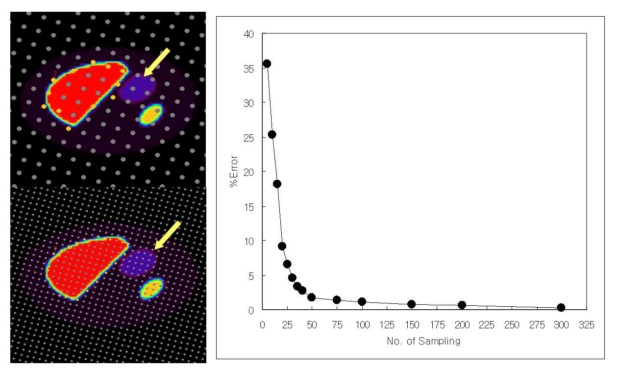 그림 96. MCAT팬텀의 영상단면에 random sampling방법을 통한 영상분할 프로그램 성능평가