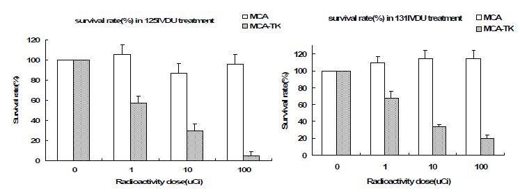 그림 112. MCA와 MCA-TK 세포주에서 [125I]IVDU와 [131I]IVDU의 4시간 섭취후 세포 생존율