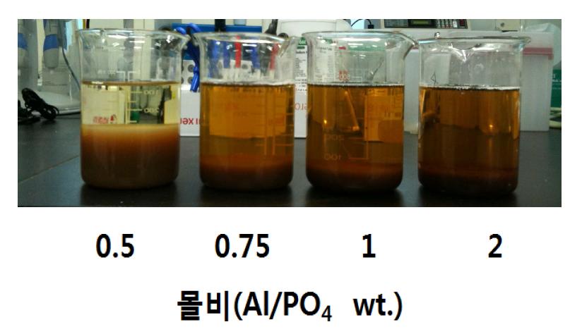 PACl를 이용하여 Al:PO4의 몰비에 따라 침전을 마친 상등수의 응집침전.