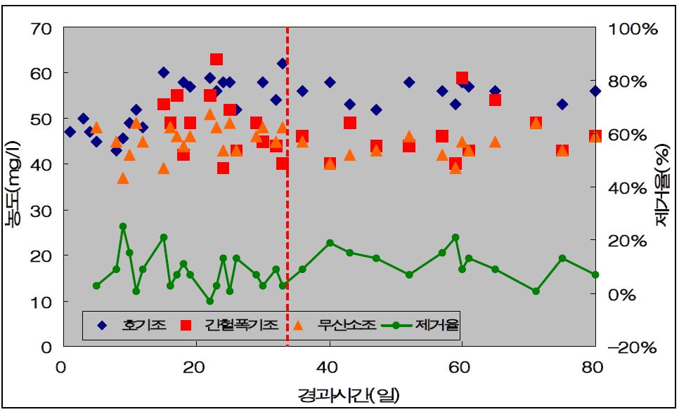 생물반응조를 이용하여 축산폐수(전자선 조사)를 처리하였을때 각 공정의 단계별 처리수 중의 T-P 농도.