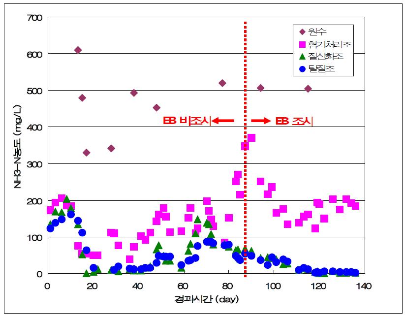 생물반응기의 각 공정별 NH3-N의 농도.
