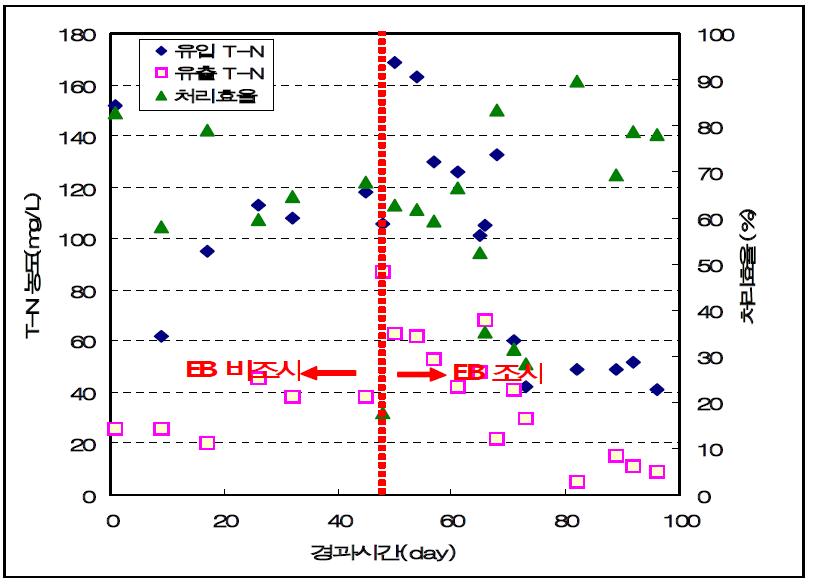 생물반응기 처리 후 T-N의 농도변화와 처리효율.
