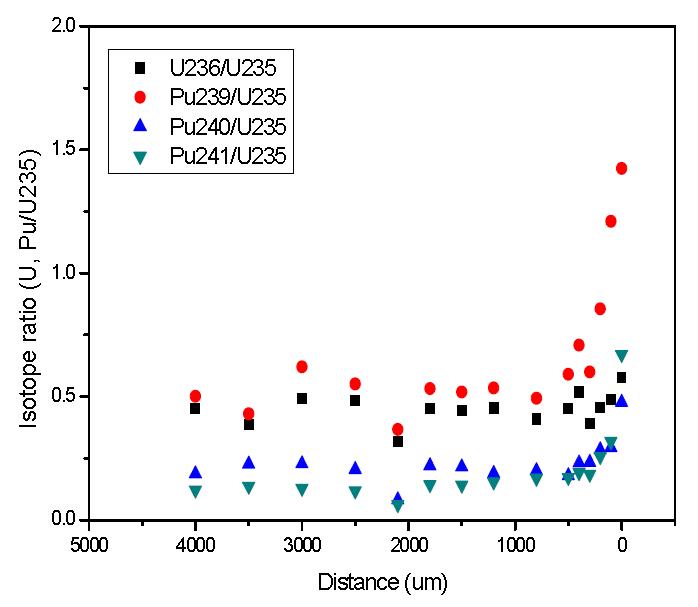 Distribution of isotopic ratios of 236U, 239Pu, 240Pu, 241Pu to 235U across the radius of a spent fuel discharged from Yeonggwang-2 nuclear power plant. (P14P17-2, 41.0 GWd/tU, 3 years cooling)