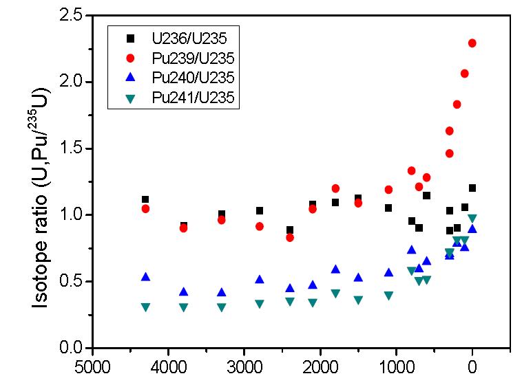 Distribution of isotopic ratios of 236U, 239Pu, 240Pu, 241Pu to 235U across the radius of a spent fuel discharged from Yeonggwang-2 nuclear power plant. (P11Q01, 57.6 GWd/tU, 3 years cooling)