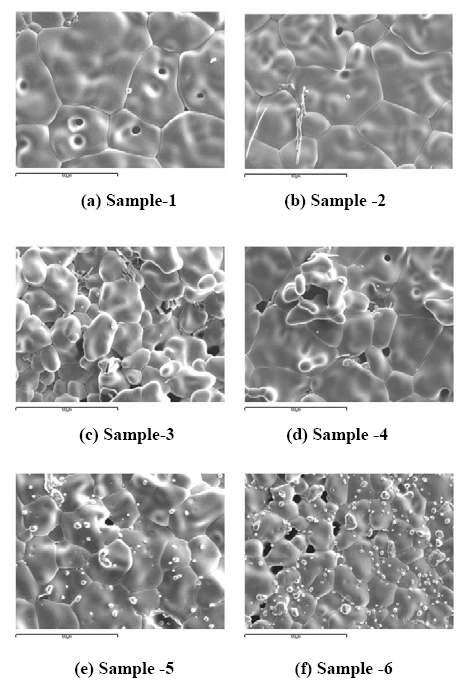 The changes of morphology by Mo addition on UO2 matrix. (a)∼(f), 0, 1, 2, 4, 8, 15 atom% Mo, respectively