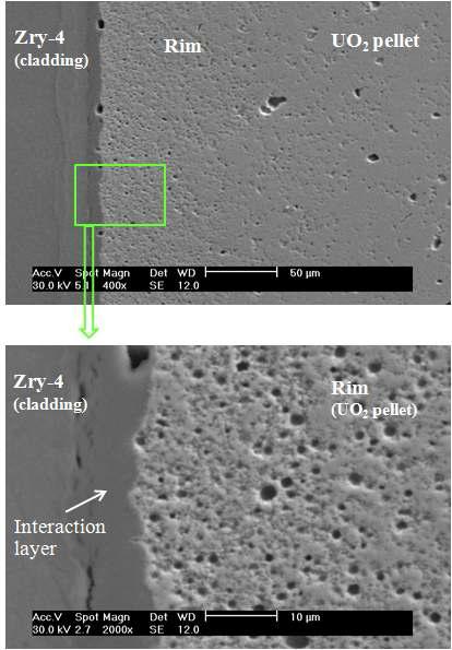 SEM images for a rim and a pellet/clad interaction layer in a spent fuel (average burn-up : 57.6 GWd/tU).