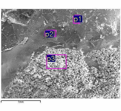 Point analysis positions of the melt by fusion of a segment of UO2(0.1205 g) pellet with basket type nickel(1.0 g), tin pellet(0.5 g) and graphite powder(0.16 g) at 750A, 60 seconds.