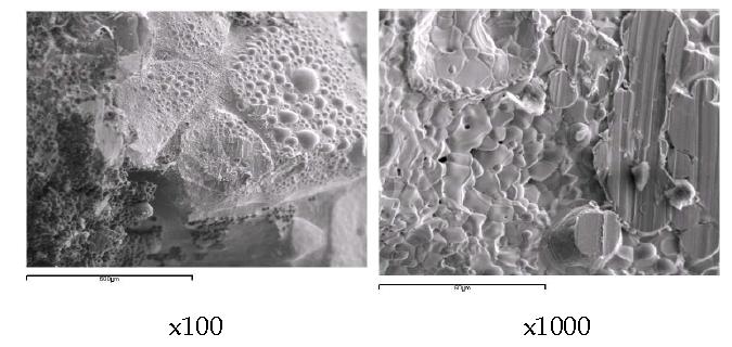 Scanning electron image(SEI) for the melt by fusion of a segment of SIMFUEL(0.0895 g) pellet with granule copper(0.89 g) at 750A, 60 seconds.