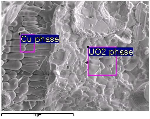 EDS analysis positions of the melt by fusion of a segment of SIMFUEL (0.0895 g) pellet with granule copper(0.89 g) at 750A, 60 seconds.