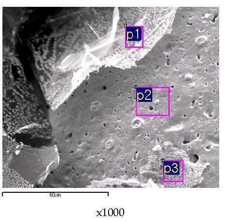 Positions for points analysis of the SIMFUEL(0.1270 g) melt fused with a nickel basket (1.0 g) and a tin pellet (0.5 g) at 900 A for 55 seconds.