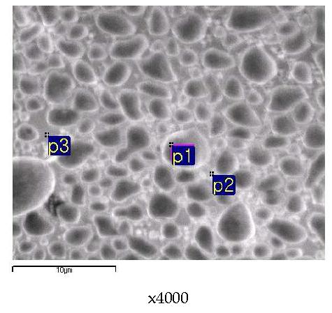 Positions for points analysis of the SIMFUEL (0.1270 g) melt fused with a nickel basket (1.0 g) and a tin pellet(0.5 g) at 900 A, 55 seconds.