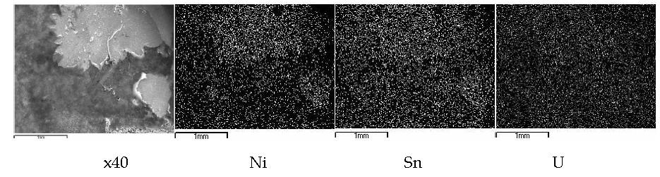 Scanning electron image(SEI) and elemental mapping for the melt by fusion of a segment of SIMFUEL(0.1172 g) pellet with a nickel basket(1.0 g)and two tin pellets(1.0 g) at 850 A, 100 seconds.