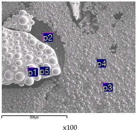 Scanning electron image (SEI) of the melt by fusion of a SIMFUEL (0.1396 g) segment with a nickel basket (1.0 g) at 900 A, 83 s.