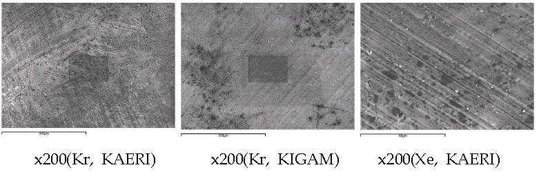 Secondary electron image(SEI) of Kr and Xe implanted aluminum foil.