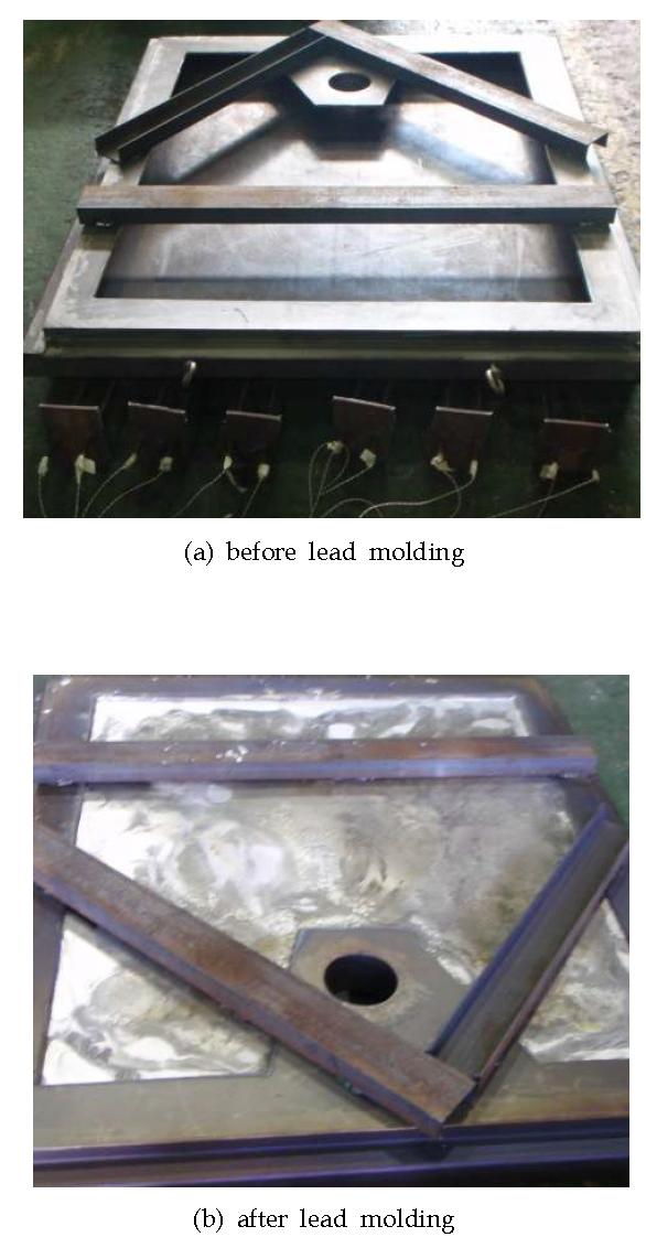 Fabrication of a shielding panel by lead molding process.