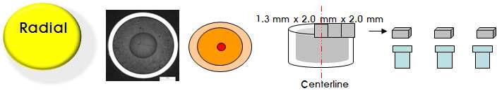 Sample preparation concept for a local sample along with radial direction of an irradiated oxide pellet.