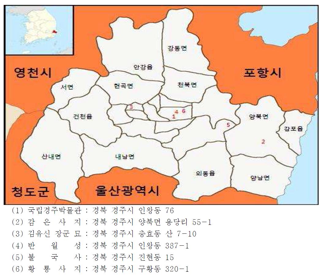 경주지역 유적지 라돈 농도 측정 지점