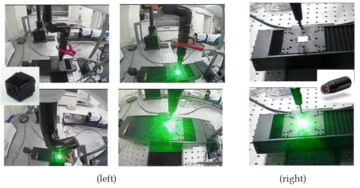 Photographs taken by the positioning cameras, (left) the uppermost site and (right) above the laser nozzle