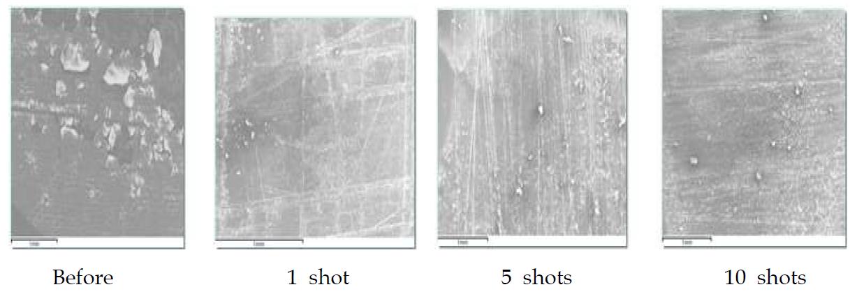 SEM images of aluminum specimen surface contaminated with Ce4+ ion(50 X, 0.57 J/cm2, 355 nm, under water)