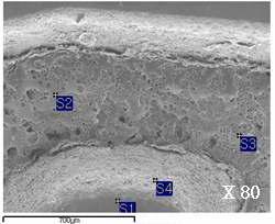 SEM micrograph of the epoxy coated concrete specimen after applying CO2 laser
