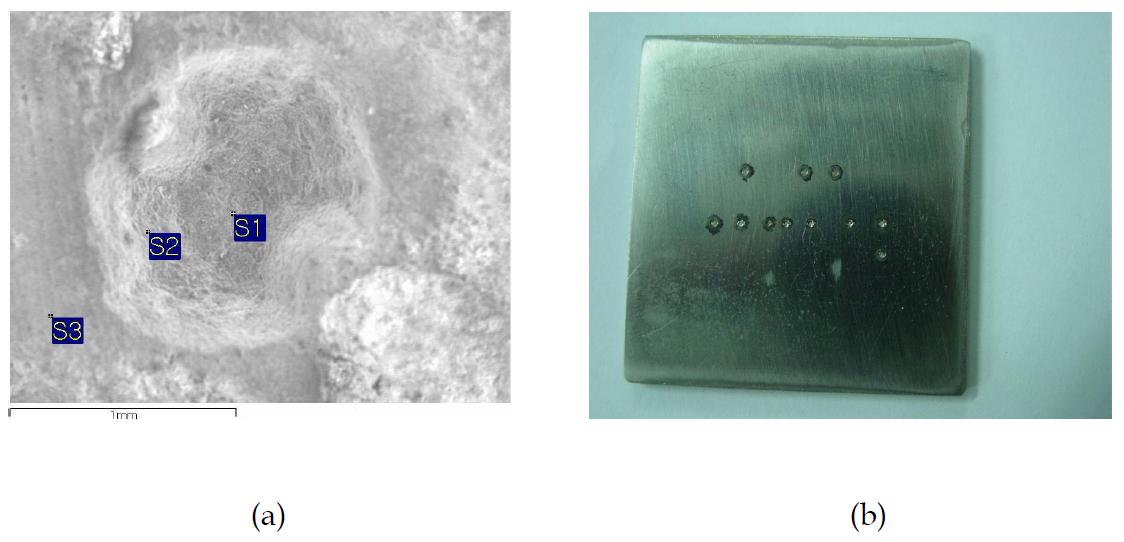 SEM photograph of concrete (a) and a photograph of stainless steel (b) after applying a fabricated Nd:YAG pulse laser, showing an ablation for a concrete and metal surface