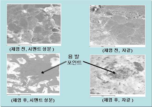 SEM micrographs of concrete specimen surface (42 shots, upper: before laser irradiation and lower: after laser irradiation)