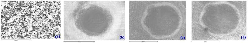 SEM micrographs of Eu2O3 system according to the variation of irradiation angle, (a) before irradiation (2000X), (b) 00°(50X), (c)150° (50X), (d) 300° (50X) inclination from the perpendicular direction (14 shots/sec, 8 ns, 6 sec and 13.3 J/cm2)