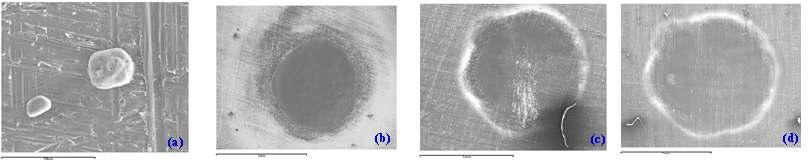 SEM micrographs of Cs+ ion system according to the variation of irradiation angle, (a) before irradiation (1000X), (b) 00°(50X), (c) 150° (50X), (d) 300° (50X) inclination from the perpendicular direction (14 shots/sec, 8 ns, 6 sec and 13.3 J/cm2)