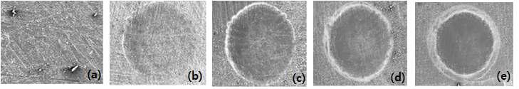 SEM micrographs of CeO2 system according to the variation of fluence, 30X, (a) before irradiation, (b) 7.49 J/cm2, (c) 9.7 J/cm2, (d) 13.26 J/cm2, (e) 19.23 J/cm2, (14 shots/sec, 6 sec, 8 ns)