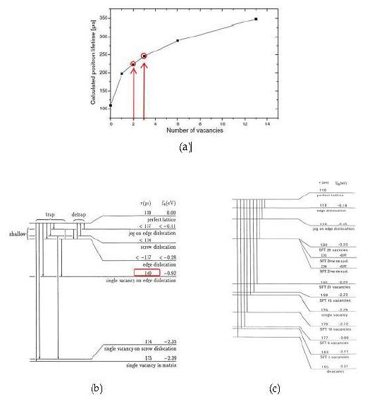 그림 3.2.2-11 Correlation between positron lifetime and the type of the defects in Cr (a), Fe (b), and Ni (c)