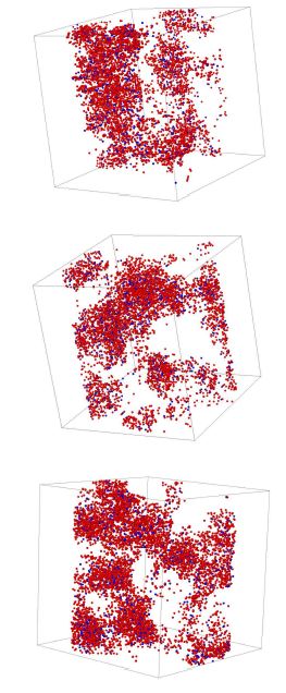 Fig. 3.2.3-19. Iso-concentration distribution above 9 at% Cr at the top, middle, and bottom region (ø15 nm x 15 nm) in the cylinder-1. The color of red and blue indicates Fe and Cr atoms respectively.